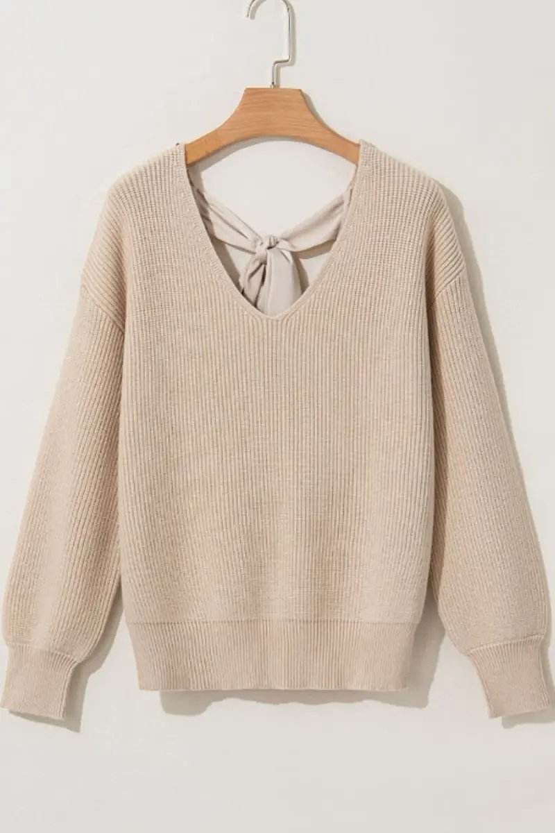 Tied Back V-Neck Long Sleeve Sweater - Love Salve